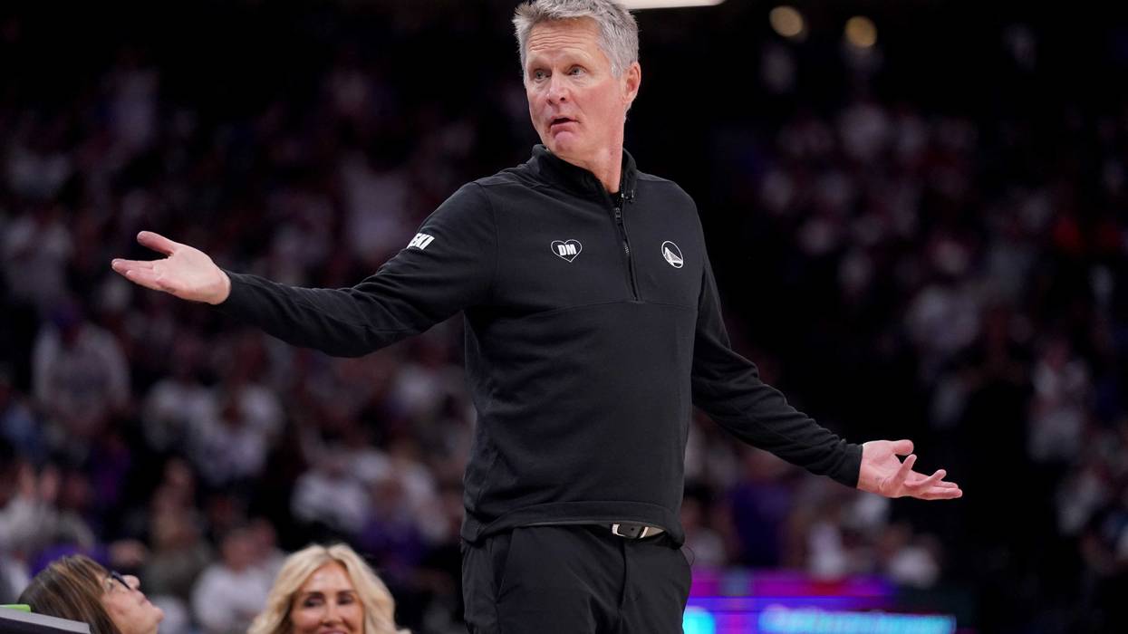 Apr 16, 2024; Sacramento, California, USA; Golden State Warriors head coach Steve Kerr looks towards the team bench after a foul call during action against the Sacramento Kings in the fourth quarter during a play-in game of the 2024 NBA playoffs at the Golden 1 Center.