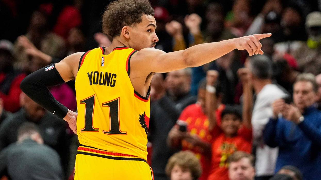 Apr 2, 2022; Atlanta, Georgia, USA; Atlanta Hawks guard Trae Young (11) reacts after the Hawks defeated the Brooklyn Nets at State Farm Arena.