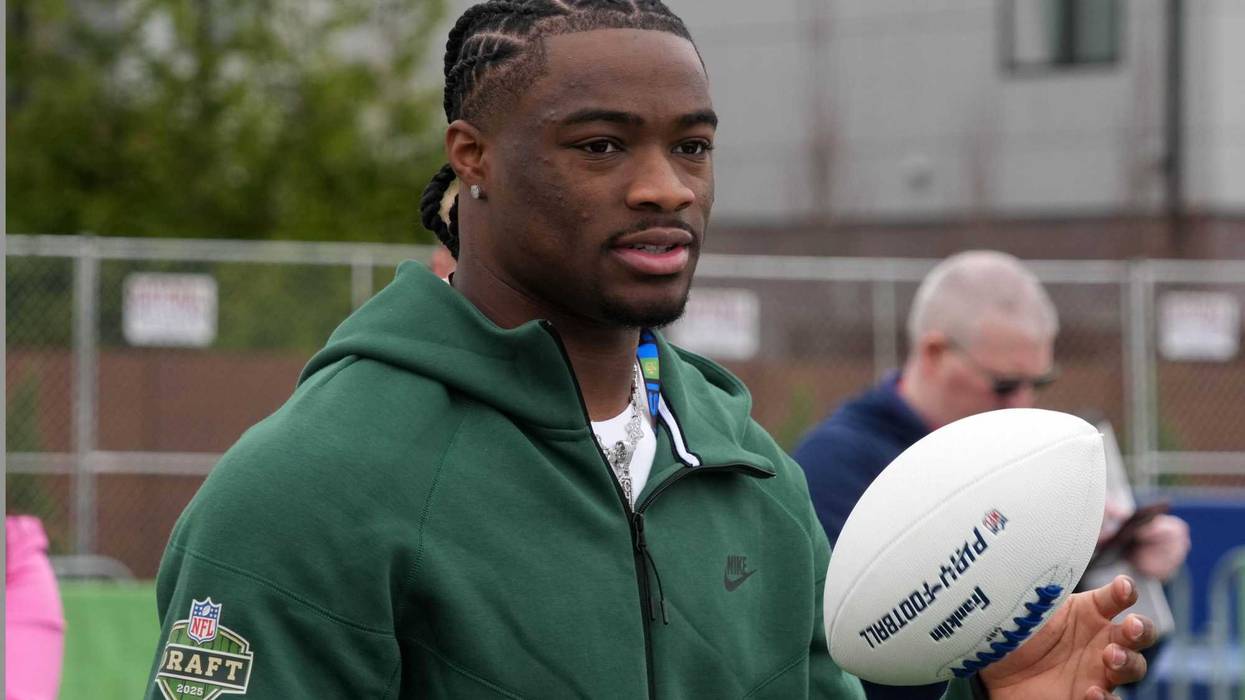 Apr 23, 2025; Green Bay, WI, USA; Alabama Crimson Tide quarterback Jalen Milroe during the NFL Draft prospect clinic with Special Olympics at Draft Experience Field at Titletown