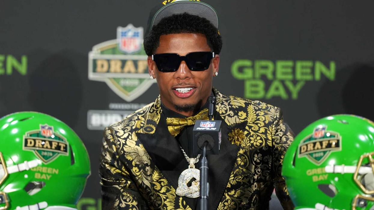 Apr 24, 2025; Green Bay, WI, USA; Matthew Golden speaks in a press conference after being selected by the Green Bay Packers as the number 23 pick in the first round of the 2025 NFL Draft at Lambeau Field. Mandatory Credit: Kirby Lee-Imagn Images