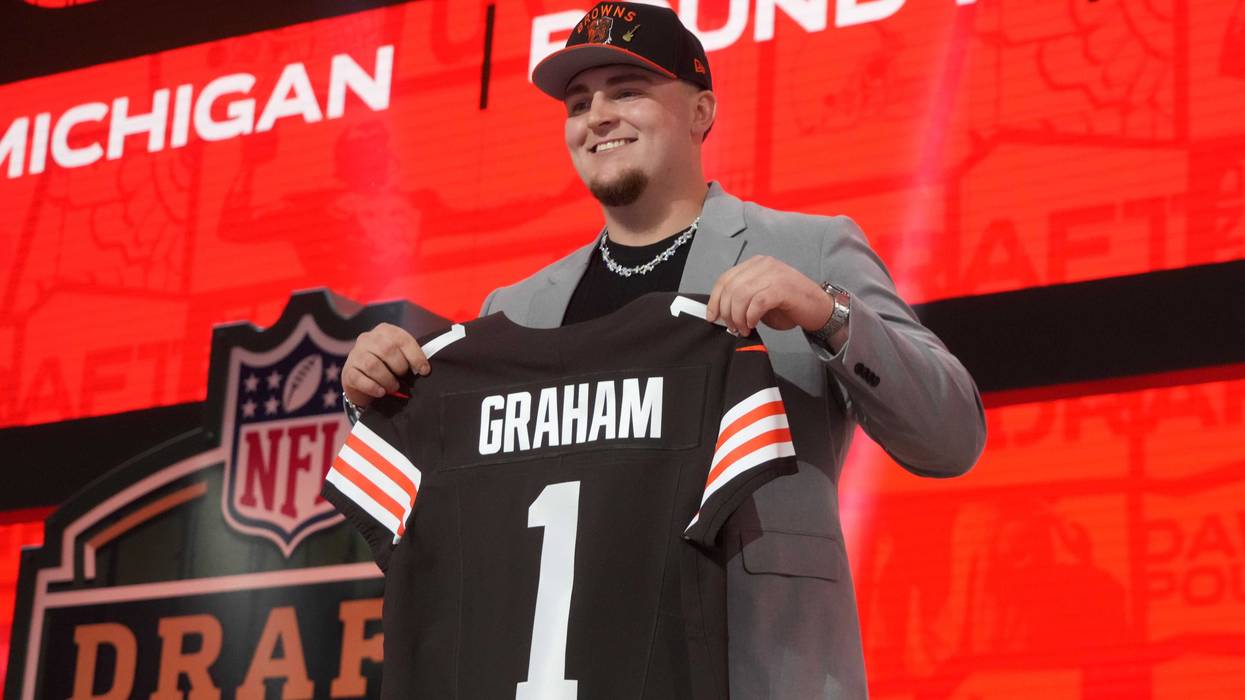 Apr 24, 2025; Green Bay, WI, USA; Michigan Wolverines defensive lineman Mason Graham is selected by the Cleveland Browns as the number five pick in the first round of the 2025 NFL Draft at Lambeau Field.