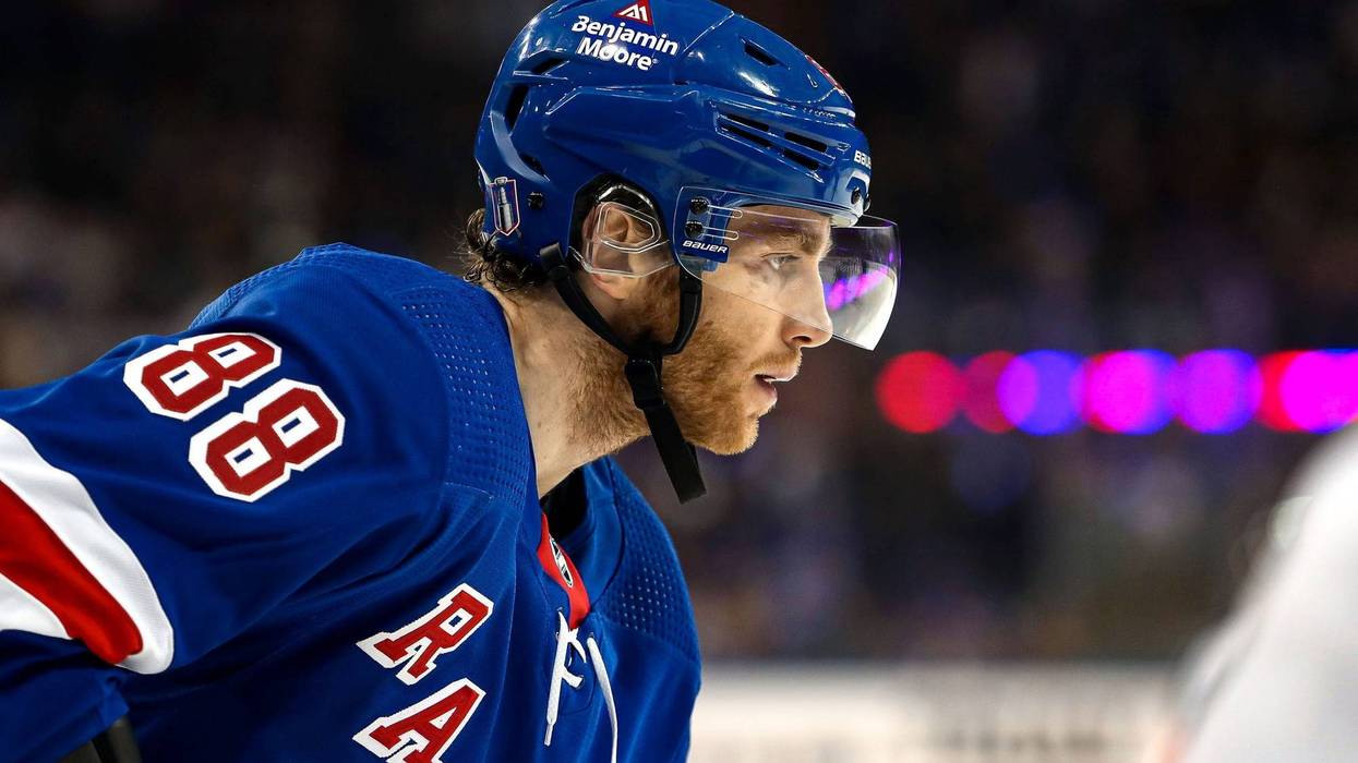 Apr 29, 2023; New York, New York, USA; New York Rangers right wing Patrick Kane (88) awaits a face-off against the New Jersey Devils during the second period in game six of the first round of the 2023 Stanley Cup Playoffs at Madison Square Garden. Mandatory Credit: Danny Wild-USA TODAY Sports