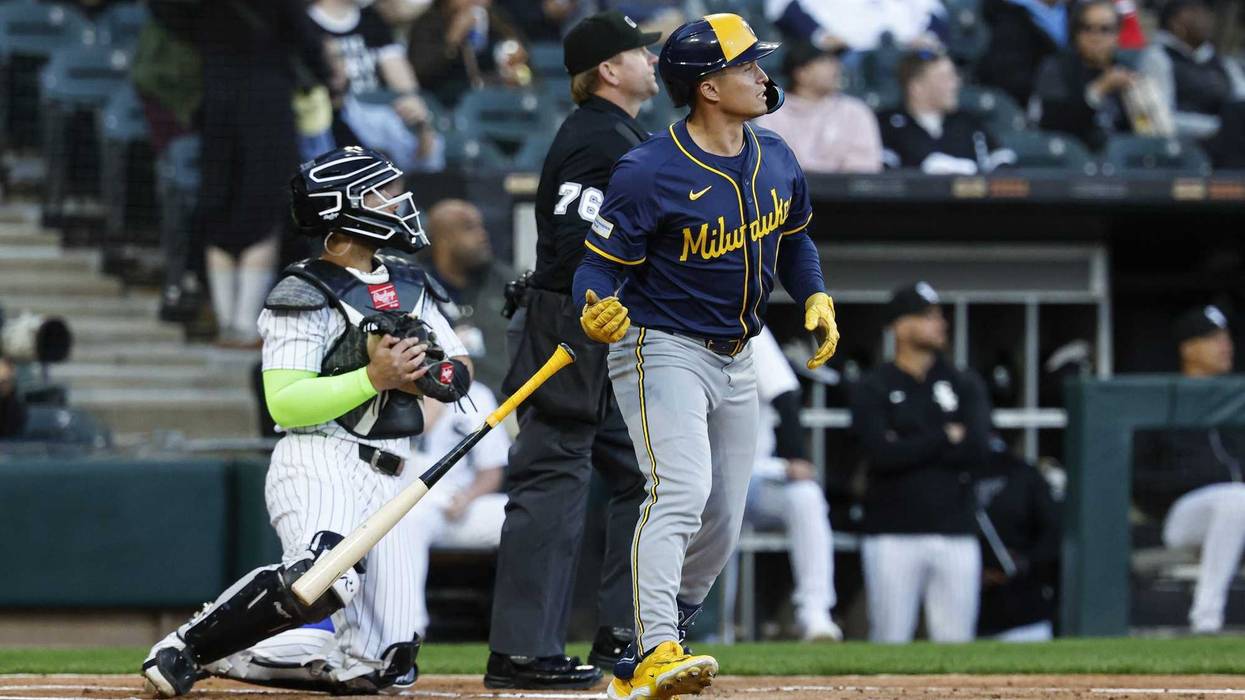 Apr 29, 2025; Chicago, Illinois, USA; Milwaukee Brewers left fielder Isaac Collins (6) watches his solo home run against the Chicago White Sox during the first inning at Rate Field. Mandatory Credit: Kamil Krzaczynski-Imagn Images