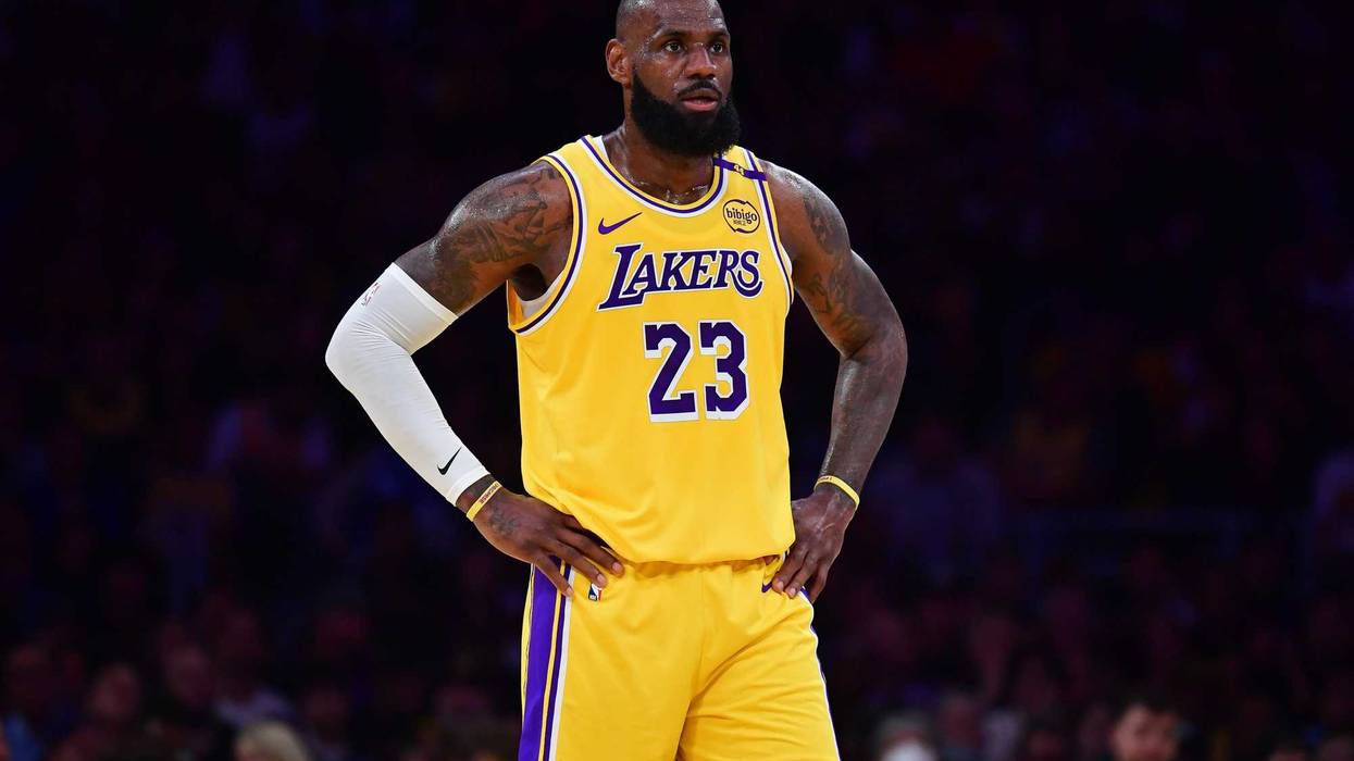 Apr 30, 2025; Los Angeles, California, USA; Los Angeles Lakers forward LeBron James (23) reacts during the first half in game five of first round for the 2025 NBA Playoffs at Crypto.com Arena. Mandatory Credit: Gary A. Vasquez-Imagn Images