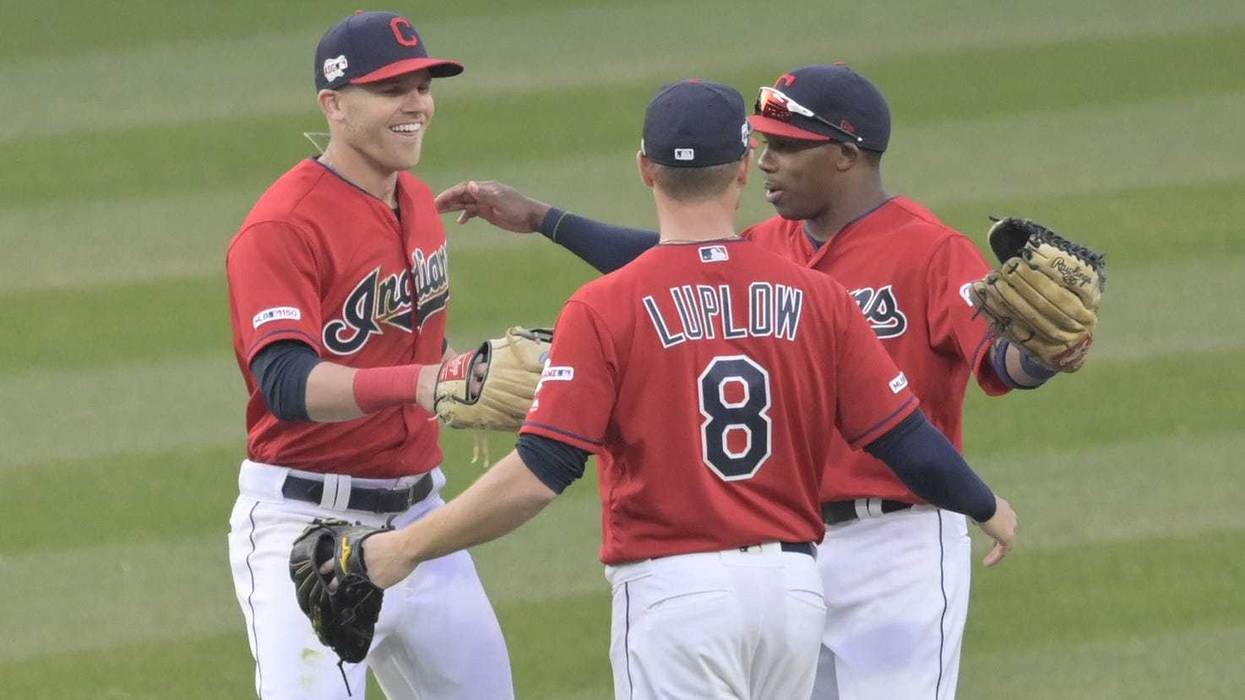 Apr 6, 2019; Cleveland, OH, USA; Cleveland Indians left fielder Jake Bauers (10), right fielder Jordan Luplow (8) and center fielder Greg Allen (1) celebrates after their game against Toronto Blue Jays at Progressive Field. Mandatory Credit: David Richard