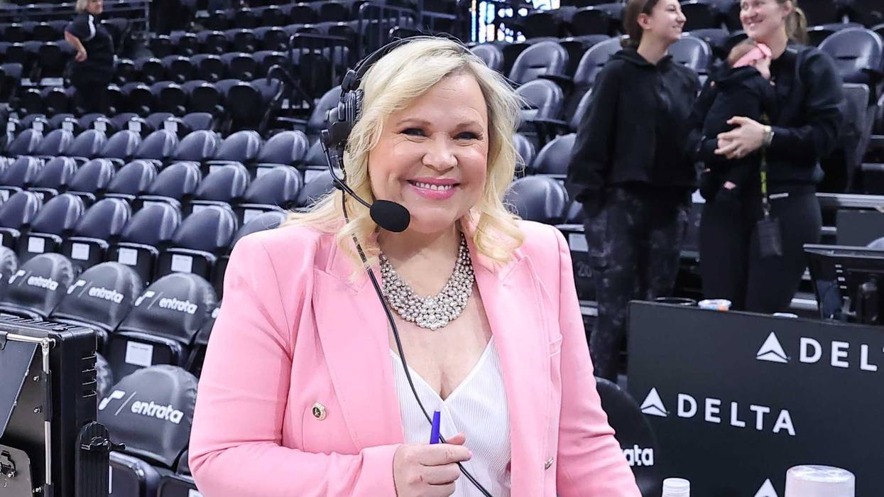 Apr 6, 2023; Salt Lake City, Utah, USA; Holly Rowe prepares for a game between the Utah Jazz and the Oklahoma City Thunder at Vivint Arena.