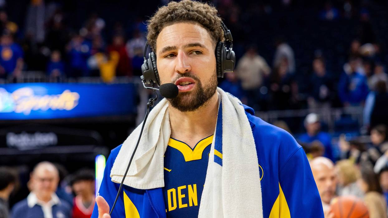 Apr 7, 2024; San Francisco, California, USA; Golden State Warriors guard Klay Thompson (11) gives an interview after beating the Utah Jazz at Chase Center.