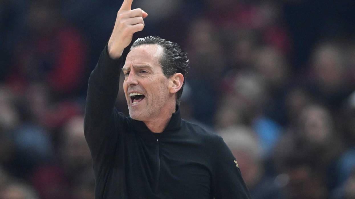 Apr 8, 2025; Cleveland, Ohio, USA; Cleveland Cavaliers head coach Kenny Atkinson reacts in the first quarter against the Chicago Bulls at Rocket Arena