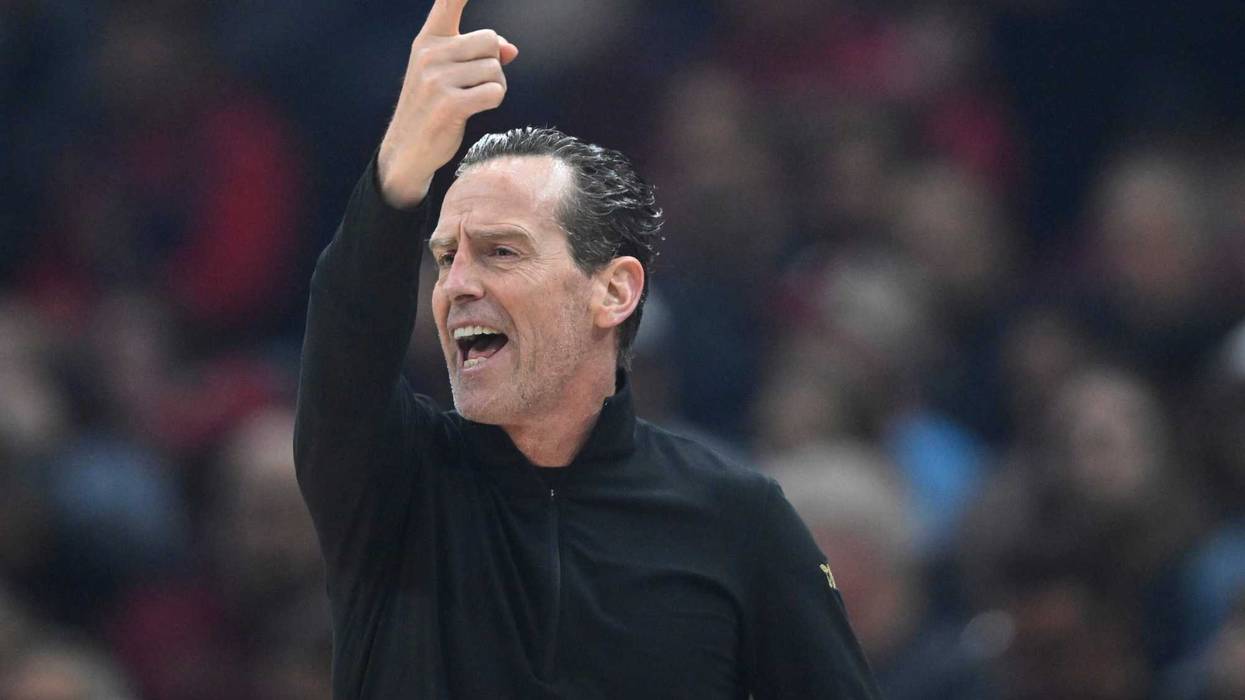 Apr 8, 2025; Cleveland, Ohio, USA; Cleveland Cavaliers head coach Kenny Atkinson reacts in the first quarter against the Chicago Bulls at Rocket Arena.