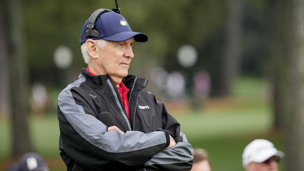 Apr 9, 2024; Augusta, Georgia, USA; ESPN golf analyst Andy North waits to do interviews at hole no. 2 during a practice round for the Masters Tournament golf tournament at Augusta National Golf Club. Mandatory Credit: Adam Cairns-Imagn Images