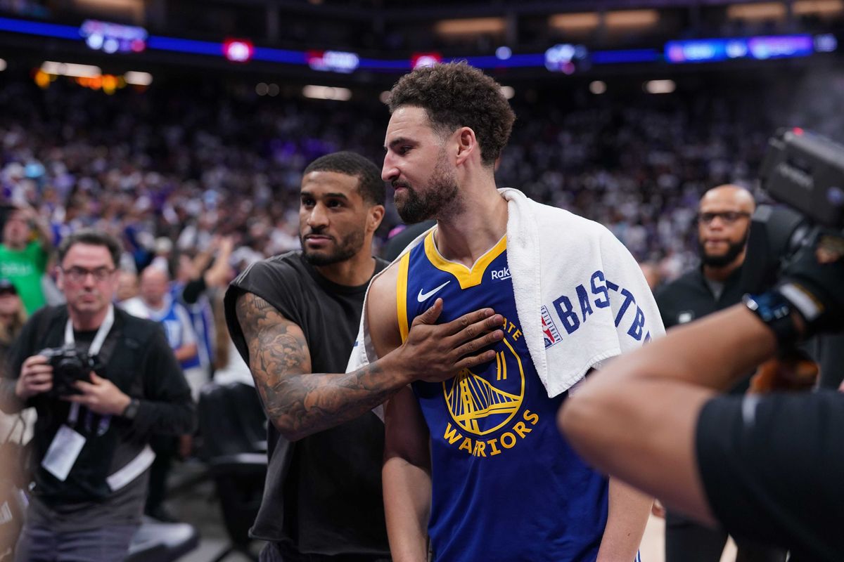 Apr 9, 2024; Los Angeles, California, USA; Golden State Warriors guard Klay Thompson (11) celebrates after a three-point shot against the Los Angeles Lakers in the second half at Crypto.com Arena.