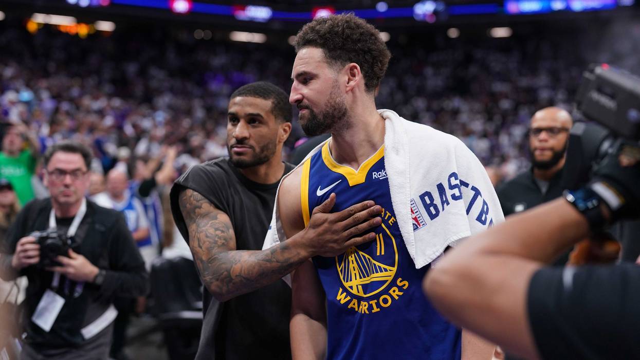 Apr 9, 2024; Los Angeles, California, USA; Golden State Warriors guard Klay Thompson (11) celebrates after a three-point shot against the Los Angeles Lakers in the second half at Crypto.com Arena.