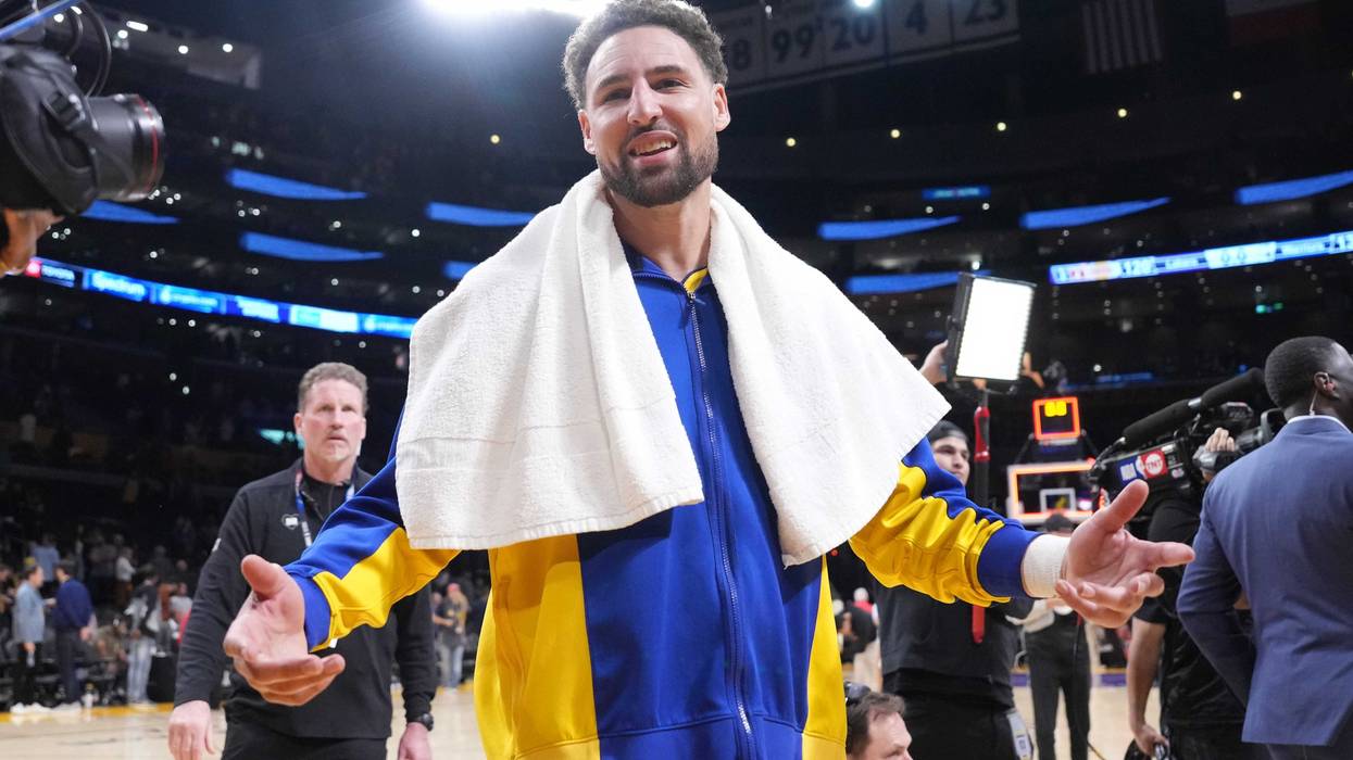 Apr 9, 2024; Los Angeles, California, USA; Golden State Warriors guard Klay Thompson (11) reacts after the game against the Los Angeles Lakers at Crypto.com Arena.
