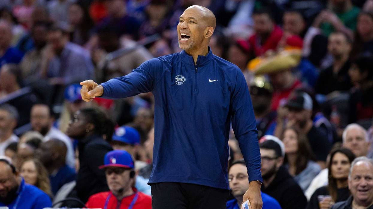 Apr 9, 2024; Philadelphia, Pennsylvania, USA; Detroit Pistons head coach Monty Williams reacts during the third quarter of a game against the Philadelphia 76ers at Wells Fargo Center. Mandatory Credit: Bill Streicher-USA TODAY Sports