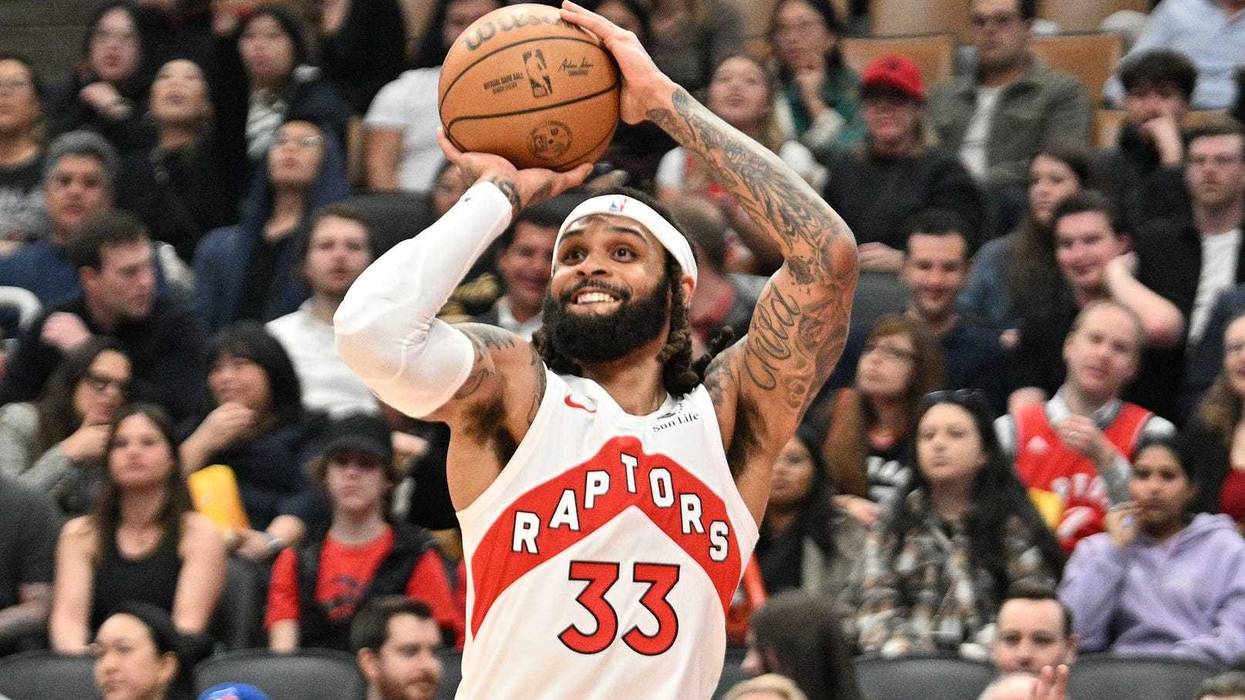 Apr 9, 2024; Toronto, Ontario, CAN; Toronto Raptors guard Gary Trent Jr. (33) shoots the ball against the Indiana Pacers in the first half at Scotiabank Arena. Mandatory Credit: Dan Hamilton-USA TODAY Sports