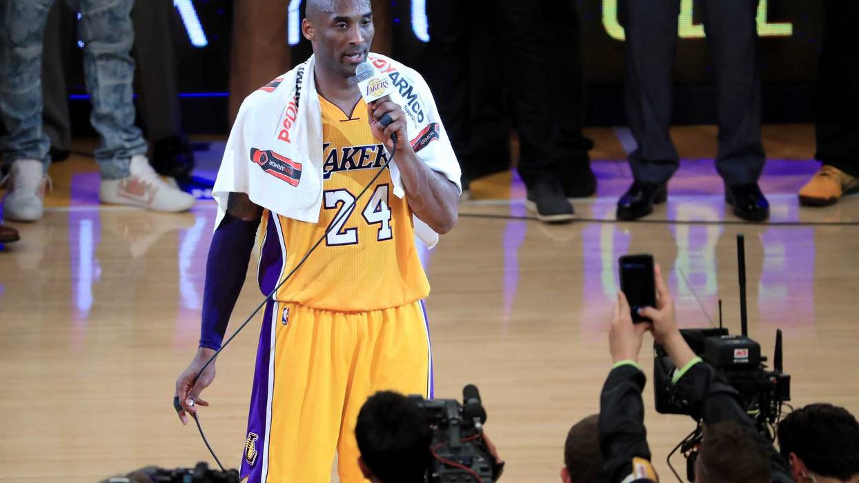 APRIL 13: Kobe Bryant #24 of the Los Angeles Lakers addresses the crowd after scoring 60 points in his final NBA game at Staples Center on April 13, 2016 in Los Angeles, California. The Lakers defeated the Utah Jazz 101-96.