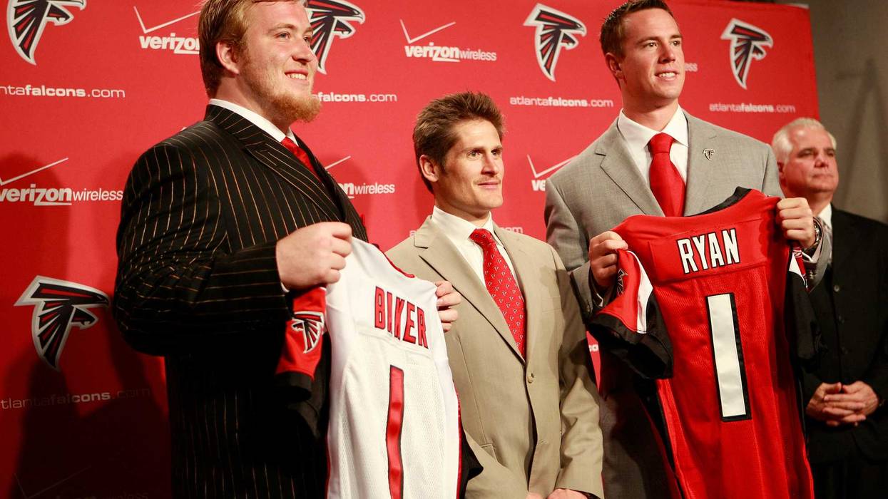 April 27, 2008; Flowery Branch, GA, USA; Atlanta Falcons first round draft picks quarterback Matt Ryan (right) and offensive tackle Sam Baker (left) flank Falcons general manager Thomas Dimitroff during the press conference introducing them at the Falcons Training Complex. Mandatory Credit: Dale Zanine USA TODAY Sports