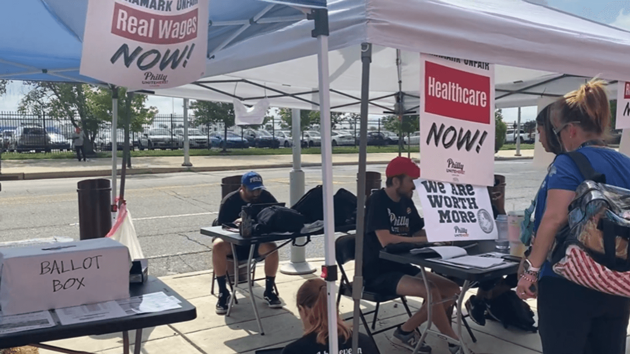 Aramark employees are seen voting outside of Citizens Bank Park on Wednesday morning.