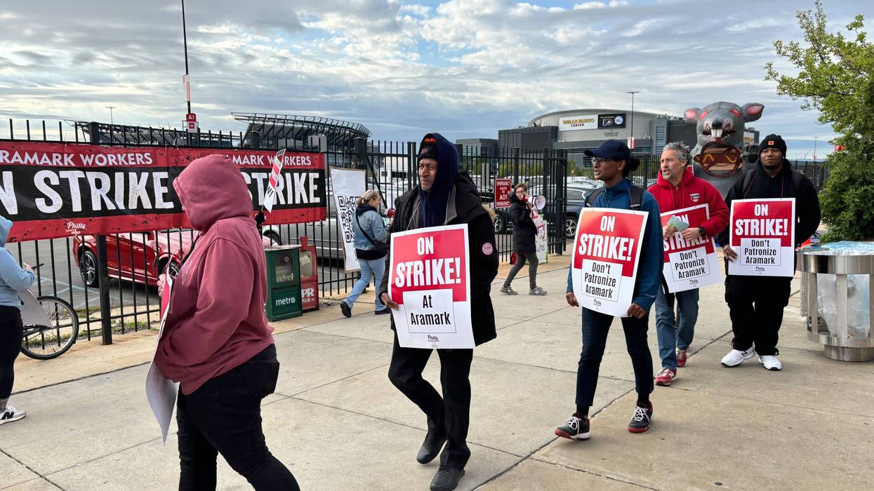 Aramark food service workers on their fourth day of striking picketed outside Wells Fargo Center during Game 4 of the Sixers’ first round playoff series against the Knicks.
