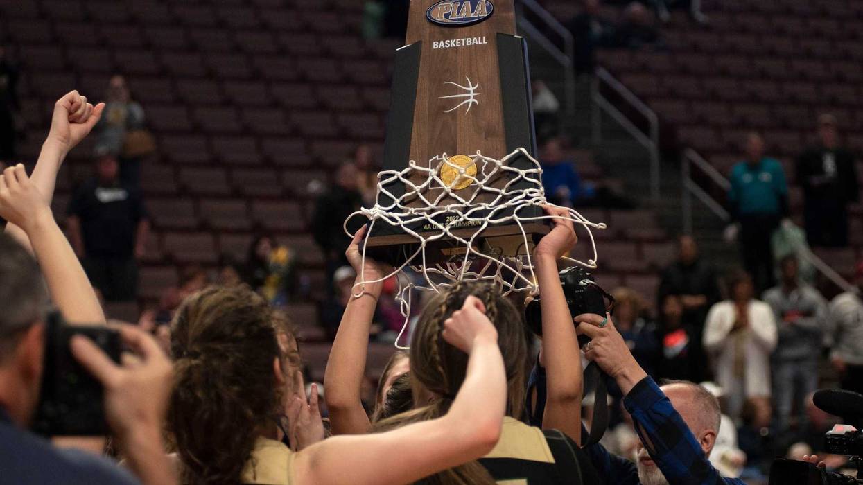Archbishop Wood girls basketball team cheers after winning the state title at Giant Center in Hershey on Thursday,