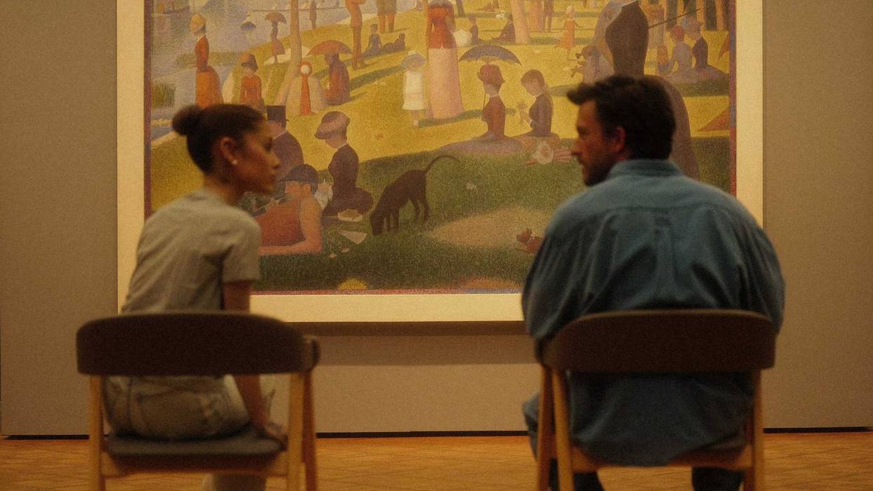 Ariana Grande and Jonathan Bailey pose for a photo in front of Georges Seurat's painting “A Sunday on La Grand Jatte" at the Art Institute of Chicago. The two are set to star in a 2027 revival of the Stephen Sondheim and James Lapine musical in London.