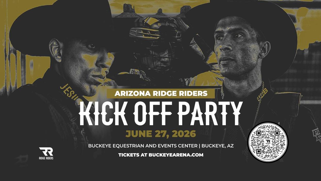 Arizona Ridge Riders Kick Off Party poster with two bull riders, date, location, and QR code.