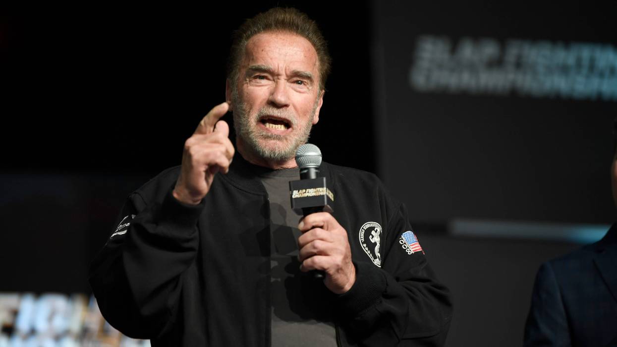 Arnold Schwarzenegger speaks to fans during the Slap Fighting Championships at the Arnold Sports Festival in Columbus Convention Center on March 05, 2022 in Columbus, Ohio.