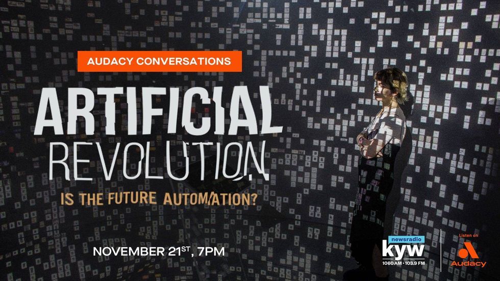 Artificial Revolution banner, featuring woman against projected digital background