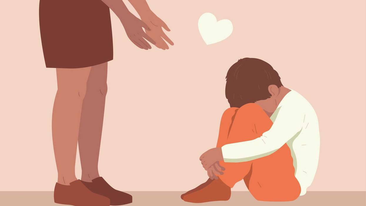 Artist rendering of a child sitting on the floor being helped by his mother.