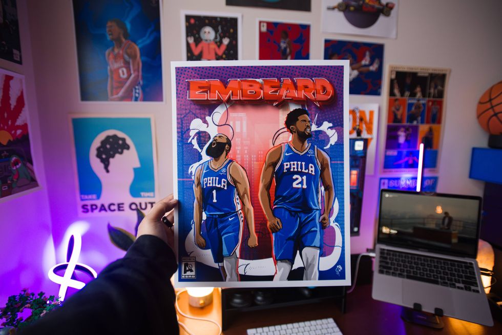 Artwork of Philadelphia 76ers stars James Harden and Joel Embiid.