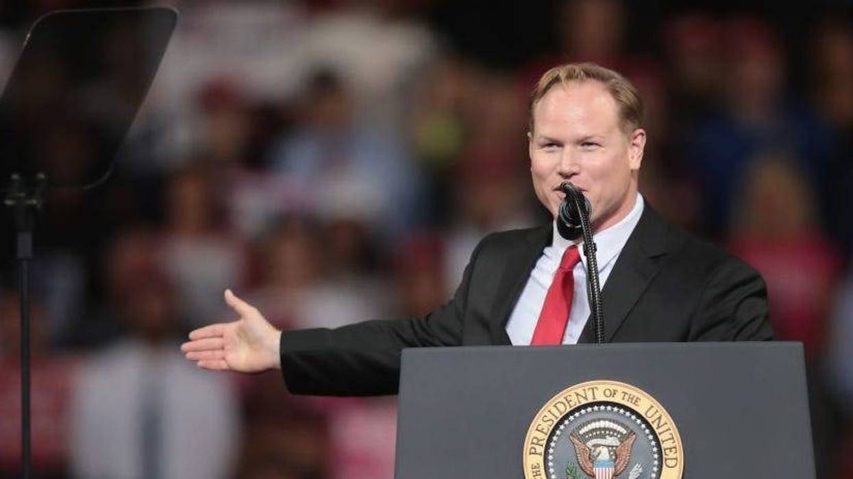 As a then-candidate, Kansas' 2nd district Steve Watkins speaks at a rally with President Donald Trump at the Kansas Expocenter on October 6, 2018