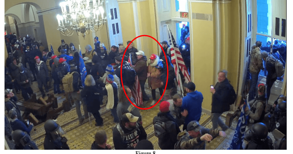 As can be seen on U.S. Capitol security camera, at around 3:12 p.m., Carol Moore and Kevin Moore allegedly entered the U.S. Capitol building through the Senate Wing Door.