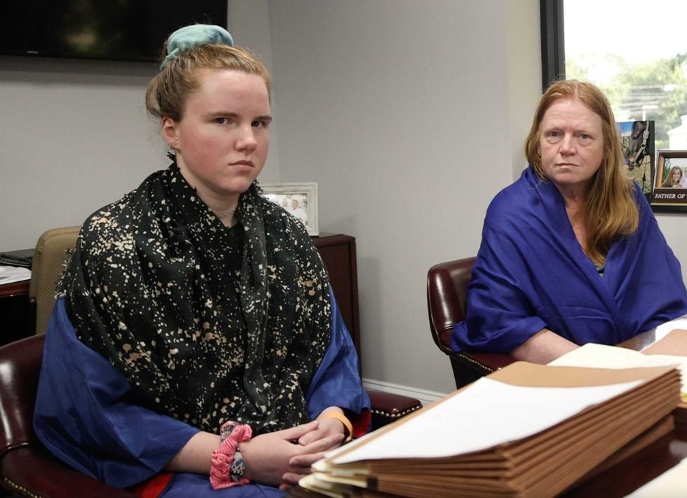 Asa Ellerup, 59, right, estranged wife of alleged serial killer Rex Heuermann, is joined with her daughter Victoria Heuermann as they sit in the office of their attorney Robert Macedonio in Central Islip on July 31, 2023