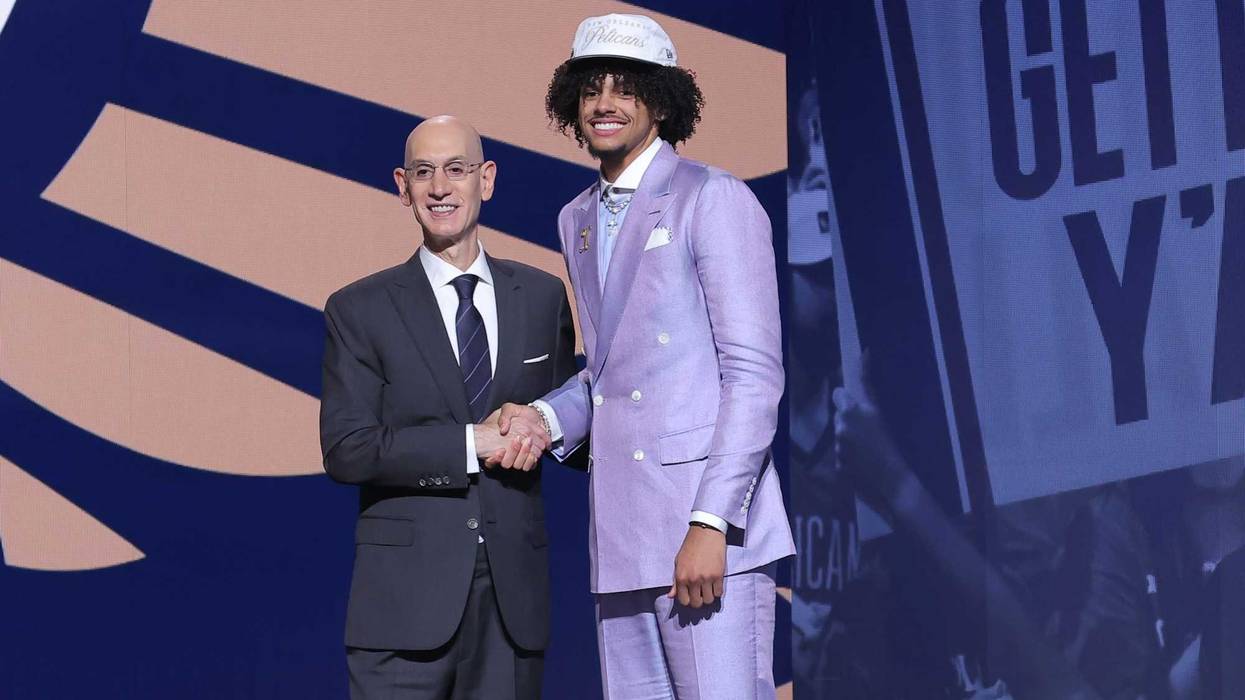 Asa Newell stands with NBA commissioner Adam Silver after being selected as the 23rd pick by the New Orleans Pelicans in the first round of the 2025 NBA Draft at Barclays Center.