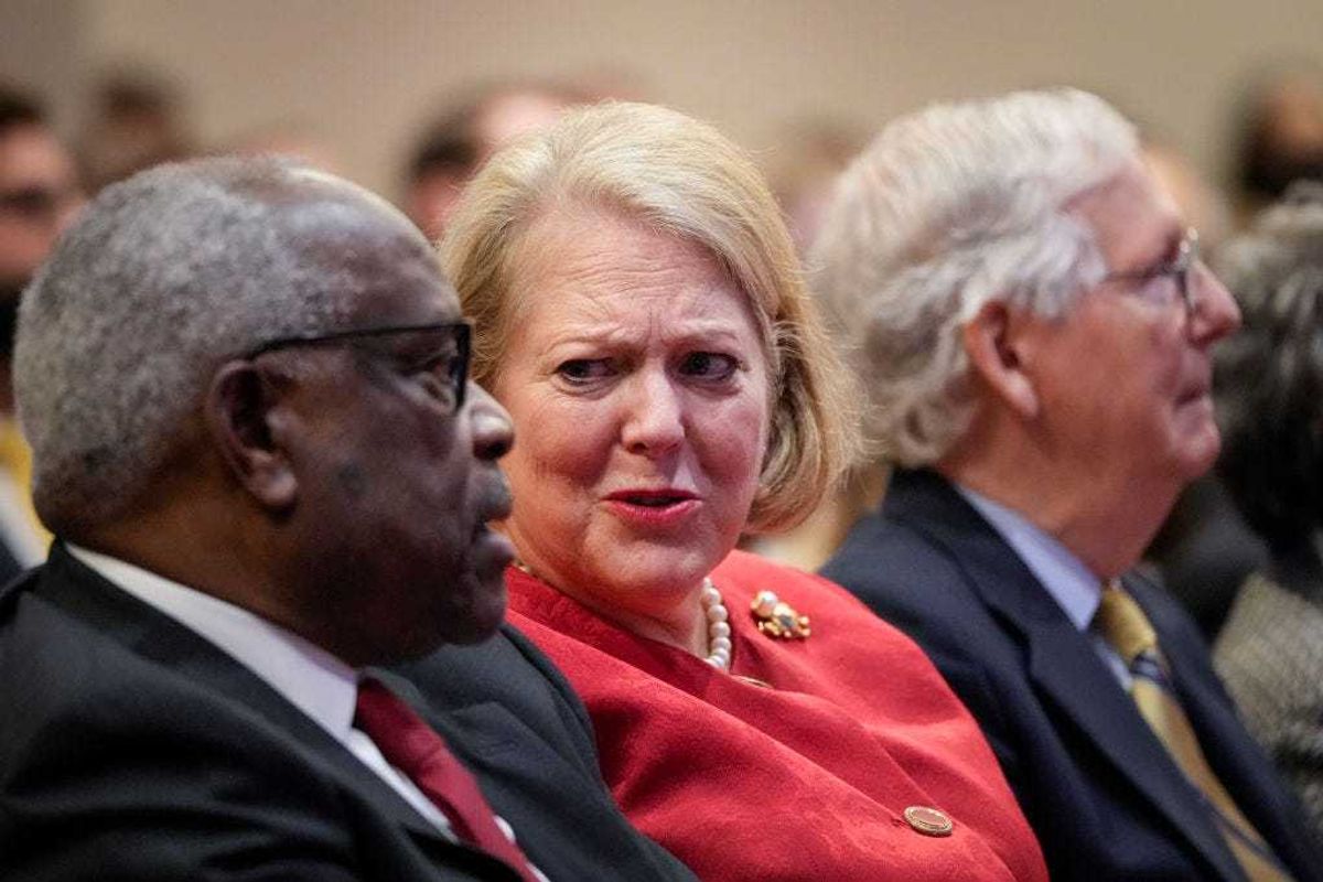Associate Supreme Court Justice Clarence Thomas sits with his wife and conservative activist Virginia Thomas while he waits to speak at the Heritage Foundation on October 21, 2021 in Washington, DC. Clarence Thomas has now served on the Supreme Court for 30 years. He was nominated by former President George H. W. Bush in 1991 and is the second African-American to serve on the high court, following Justice Thurgood Marshall.