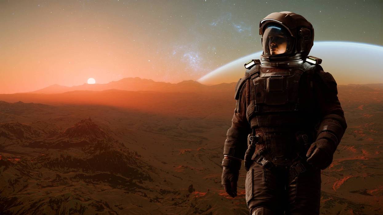 astronaut walks across the rough surface of an alien planet during sunset, with a majestic galaxy visible in the sky and a gas giant looming in the distance. 3d render