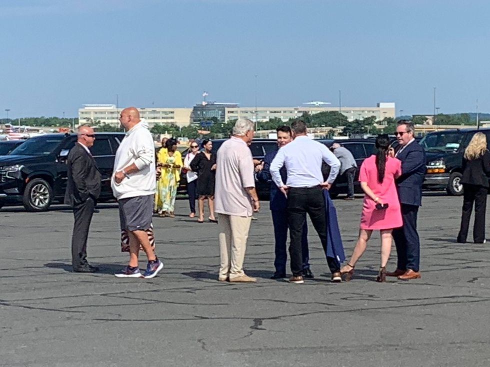 At the airport to greet President Joe Biden: Mayor Cherelle Parker, U.S. senators Bob Casey and John Fetterman, Congressman Brendan Boyle, Congresswoman Madeleine Dean, and Philadelphia Democratic Committee Chair Bob Brady.