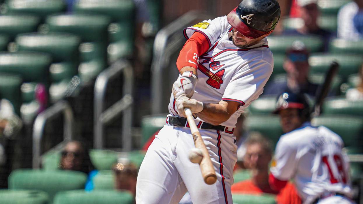 Atlanta Braves first baseman Matt Olson (28) hits a home run against the Washington Nationals during the sixth inning at Truist Park.