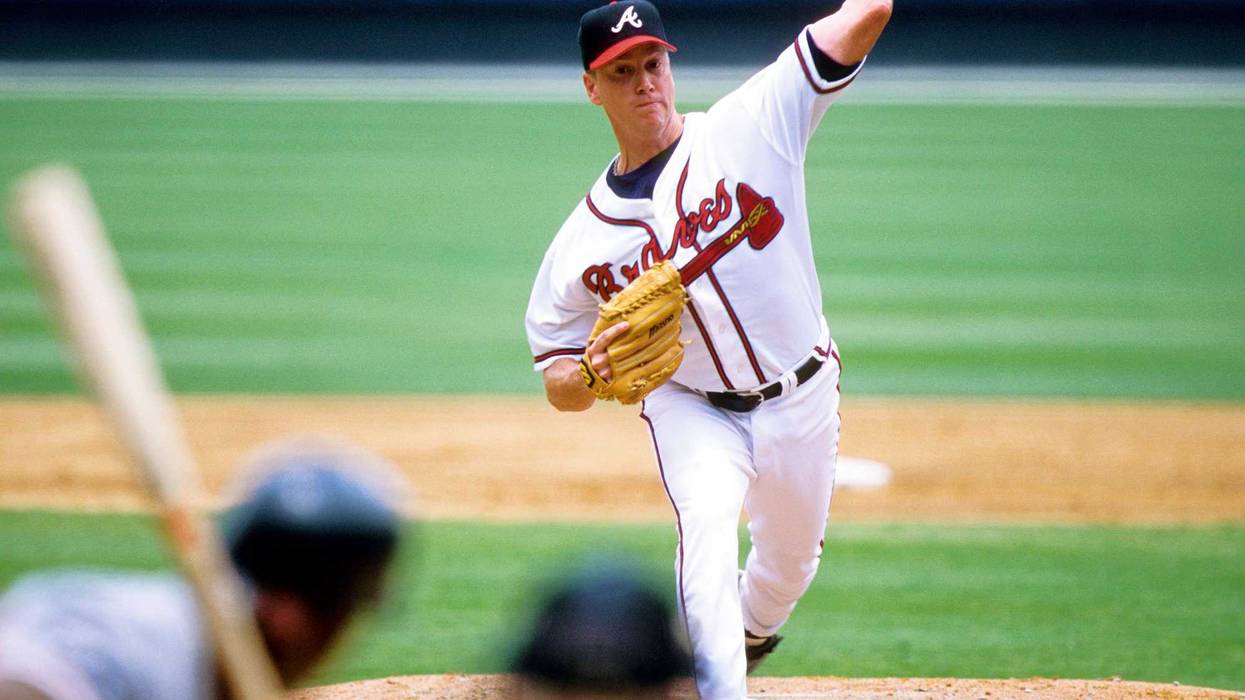 Atlanta Braves pitcher Tom Glavine in action on the mound at Turner Field during the 2002 season.