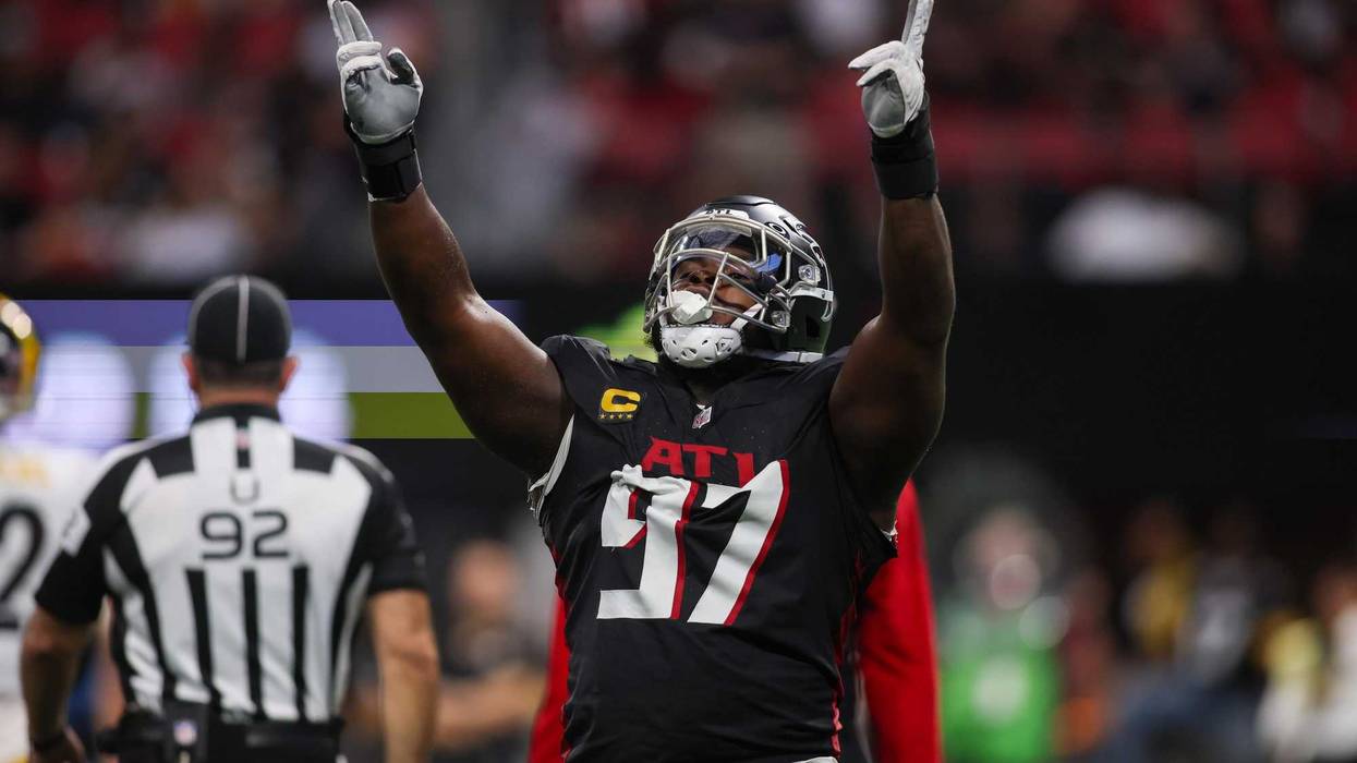 Atlanta Falcons defensive end Grady Jarrett (97) celebrates after a sack against the Pittsburgh Steelers in the third quarter at Mercedes-Benz Stadium.