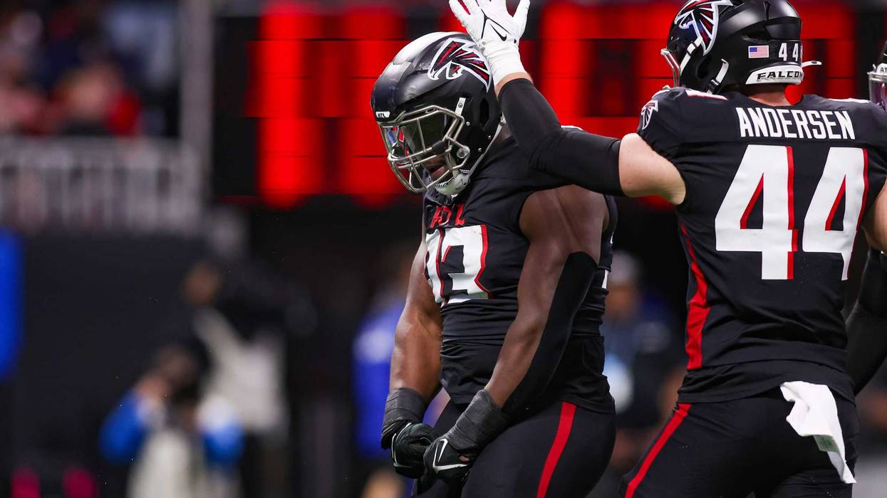 Atlanta Falcons defensive tackle Kentavius Street (93) reacts after a sack against the Los Angeles Chargers