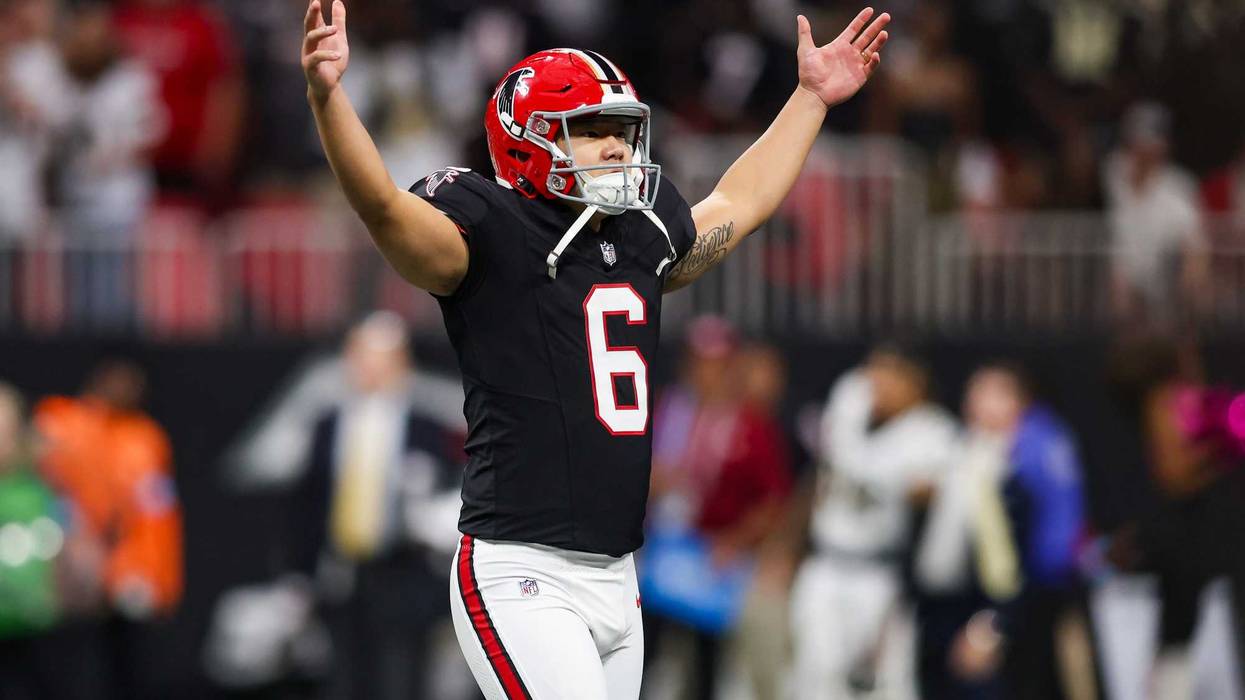 Atlanta Falcons place kicker Younghoe Koo (6) celebrates after kicking the game-winning field goal against the New Orleans Saints in the fourth quarter at Mercedes-Benz Stadium.