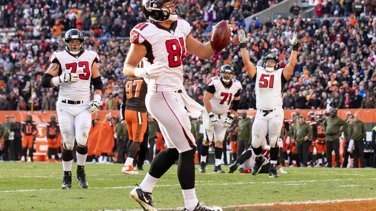 Atlanta Falcons tight end Austin Hooper (81) celebrates his touchdown against the Cleveland Browns during the fourth quarter at FirstEnergy Stadium.