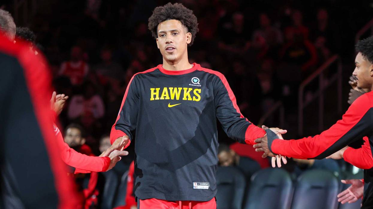 Atlanta Hawks forward Jalen Johnson (1) is introduced before a game against the Philadelphia 76ers at State Farm Arena.
