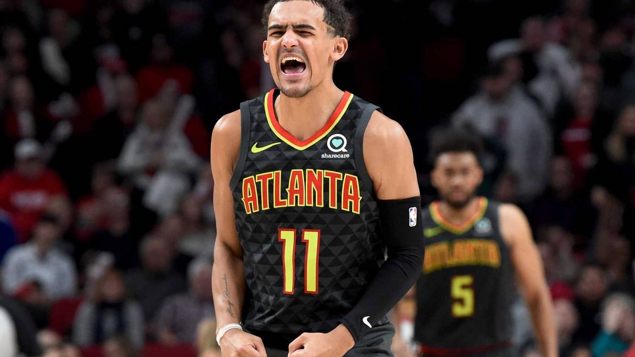 Atlanta Hawks guard Trae Young reacts to a play during the second half of the game against the Portland Trail Blazers at Moda Center. The Blazers won 124-113.
