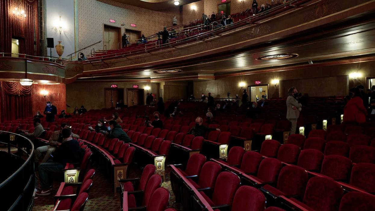 Attendees take their seats for a special NY PopsUp performance for frontline workers at the St. James Theatre on April 03, 2021 in New York City