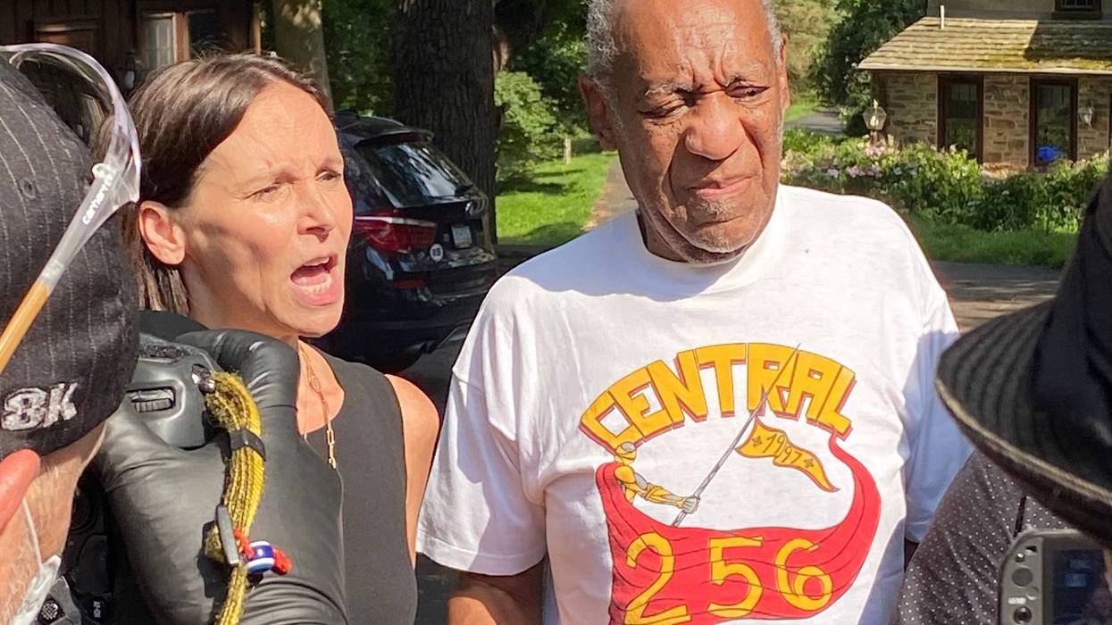 Attorney Jennifer Bonjean and Bill Cosby speak outside of Bill Cosby's home on June 30, 2021 in Cheltenham, Pennsylvania.