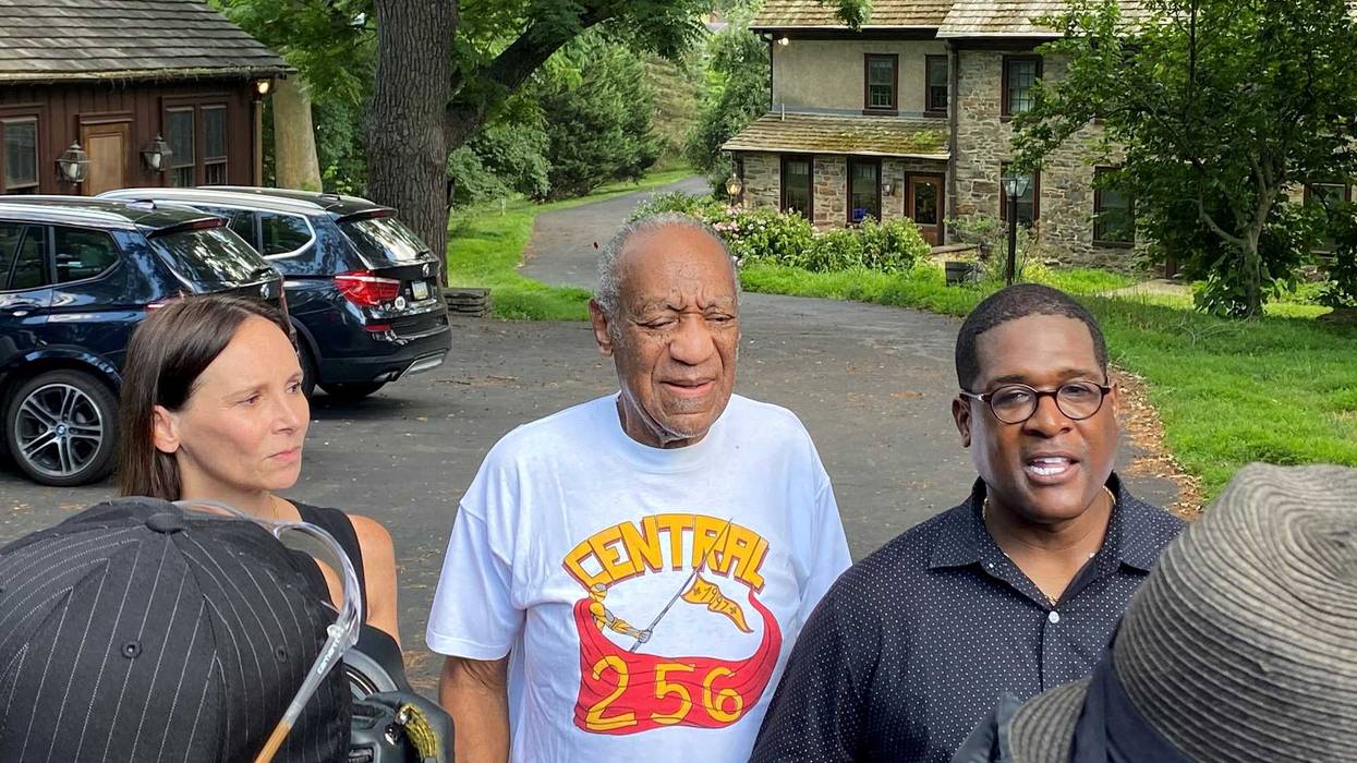 Attorney Jennifer Bonjean, Bill Cosby, and spokesperson Andrew Wyatt speak outside of Bill Cosby's home on June 30, 2021 in Cheltenham, Pennsylvania