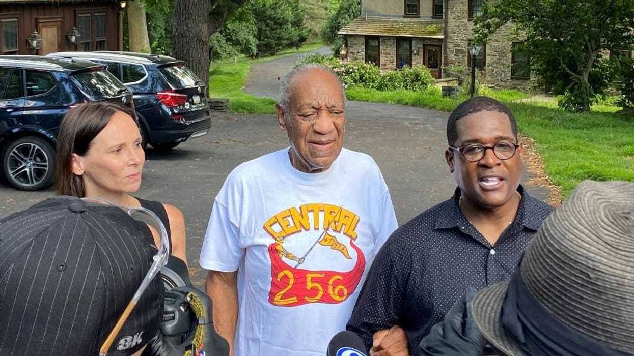 Attorney Jennifer Bonjean, Bill Cosby, and spokesperson Andrew Wyatt speak outside of Cosby's home on June 30, 2021, in Cheltenham, Pennsylvania.