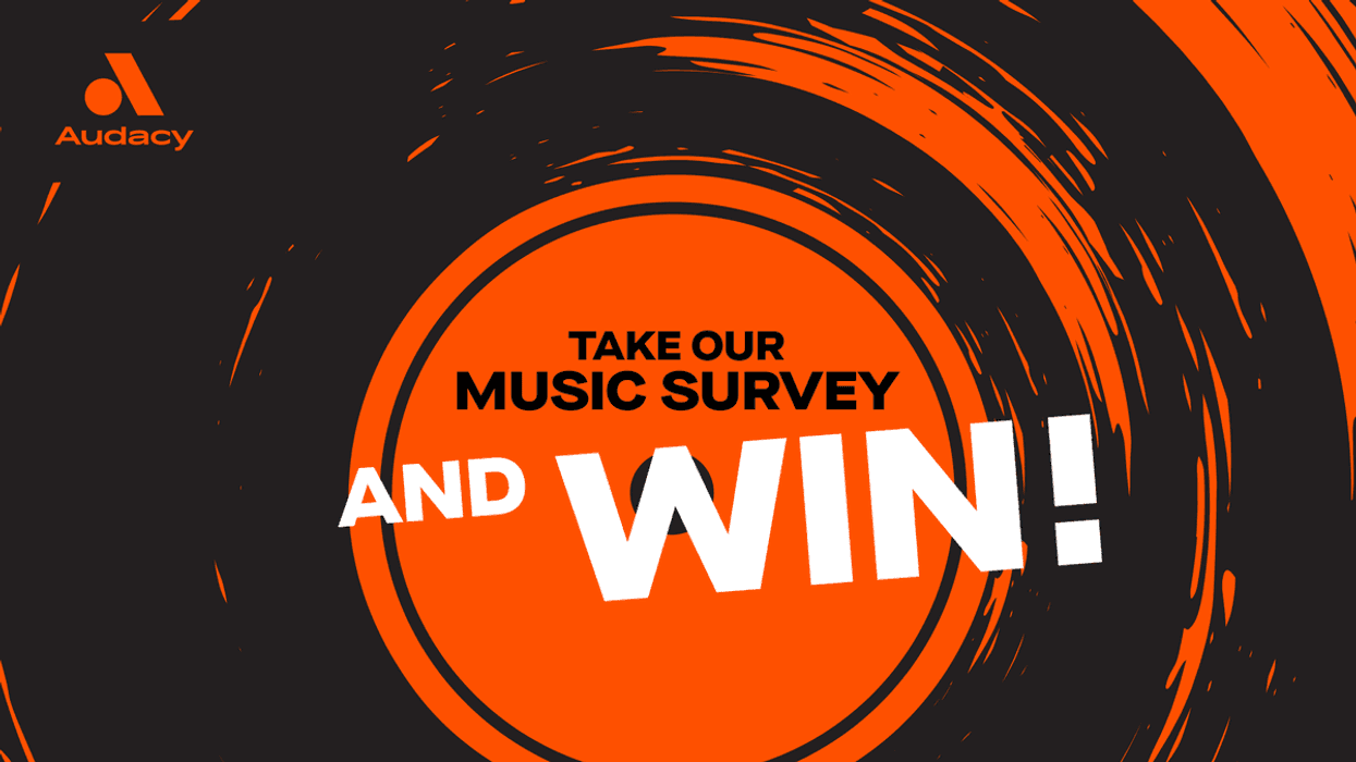 Audacy: Take our music survey and win! Orange and black circular graphic.